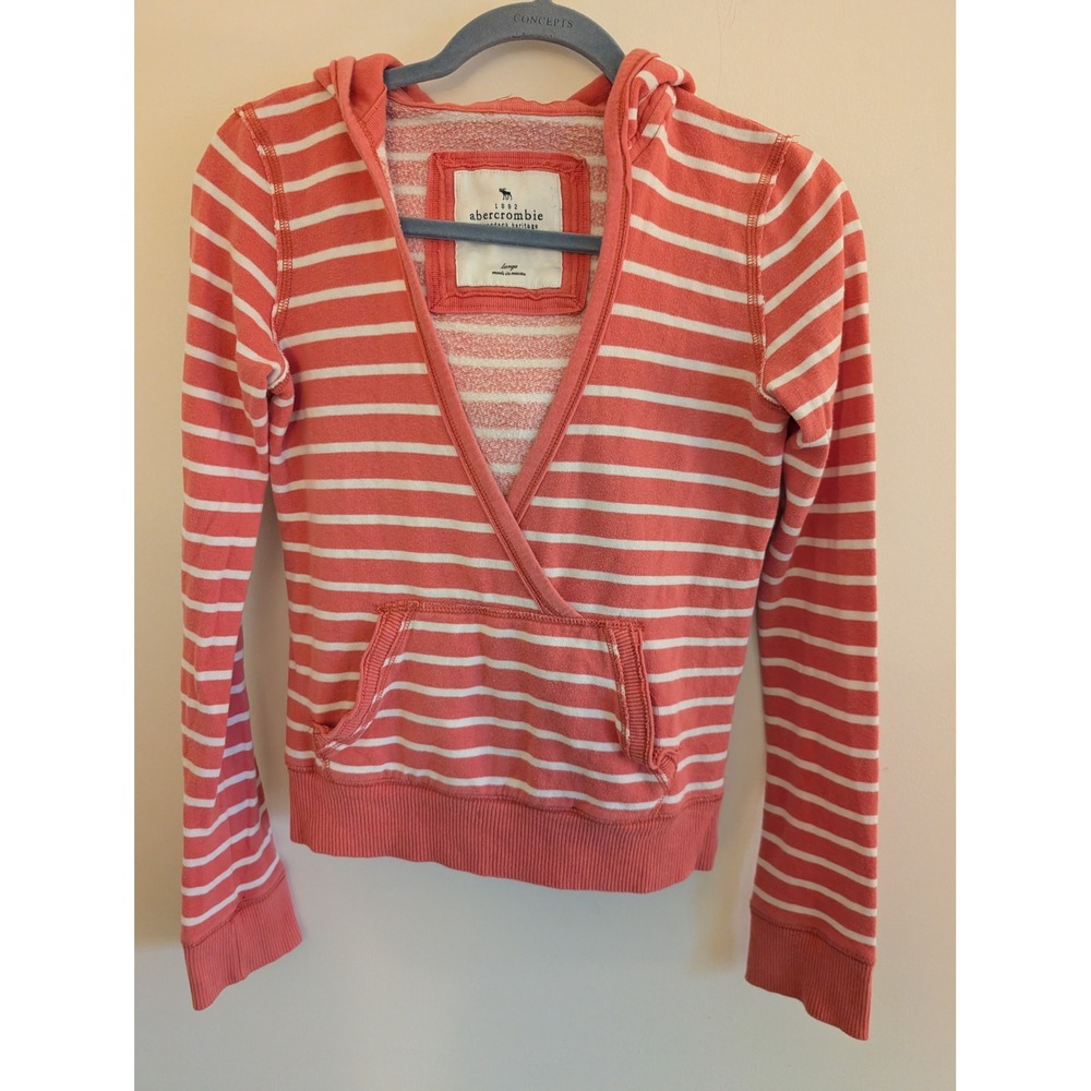 Abercrombie & Fitch Striped V-Neck Wrap Hoodie Coral Pink White Large* XS Y2K
